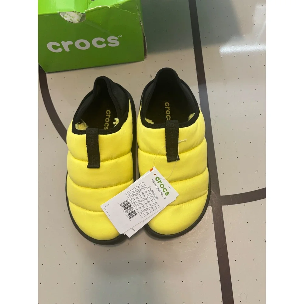 Crocs Classic Puff Moc K Cyber Yellow Black Kids Size J5 Puffer Slippers 210589